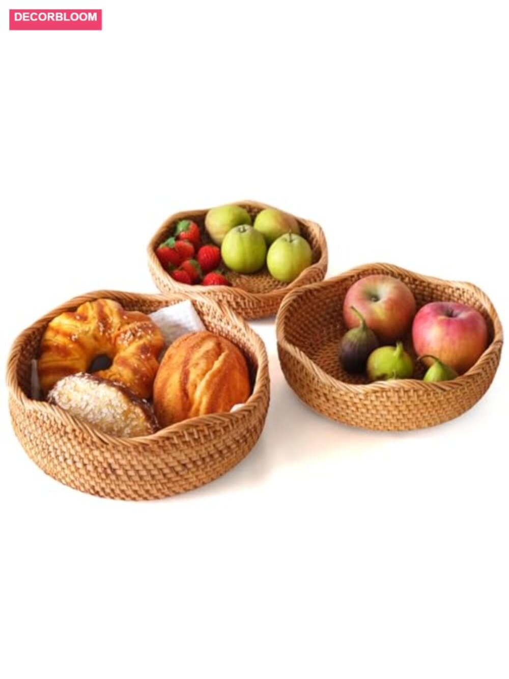 Handwoven Round Rattan Bread Basket Set Wicker Serving Storage Bowls